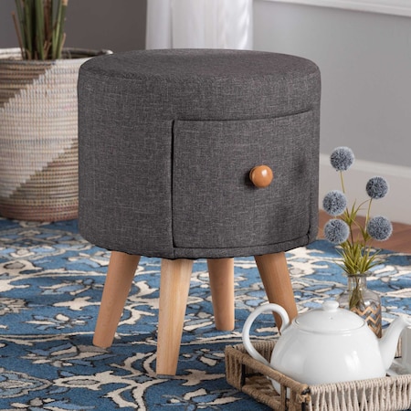 Rocco Transitional Dark Grey Fabric Upholstered And Oak Brown Finished Wood 1-Drawer Ottoman Stool